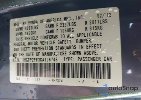 2012 Honda Accord 2.4 Se z USA, uszkodzony, nr VIN 1HGCP2F63CA106748